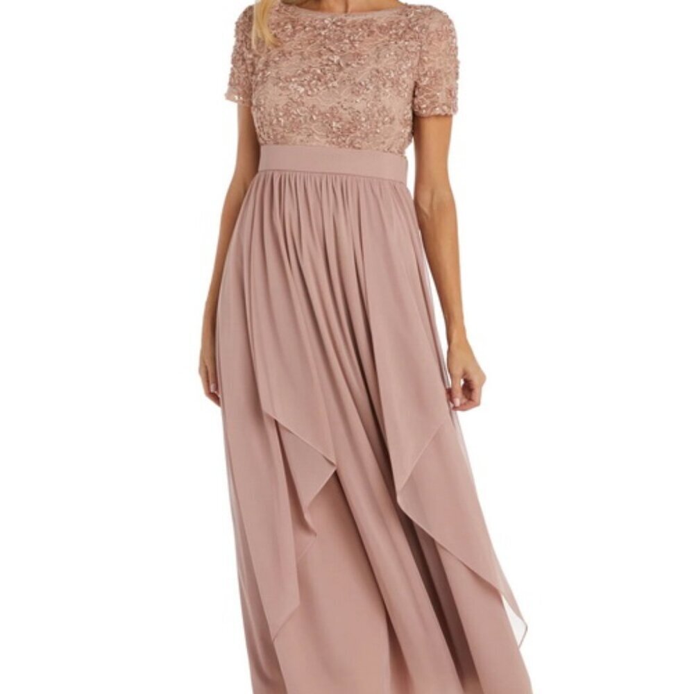 R&M Richards Blush Pink Soutache Cascade Chiffon Gown